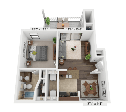 Floor plan for 1 bed, 1 bath, 654 sqft